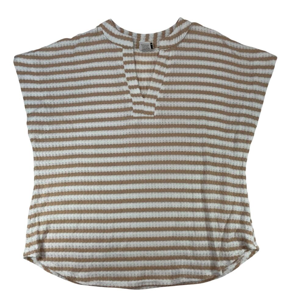 Wrapper Stripe Split Neck Cap Sleeve Knit Top Tan White Large Womens